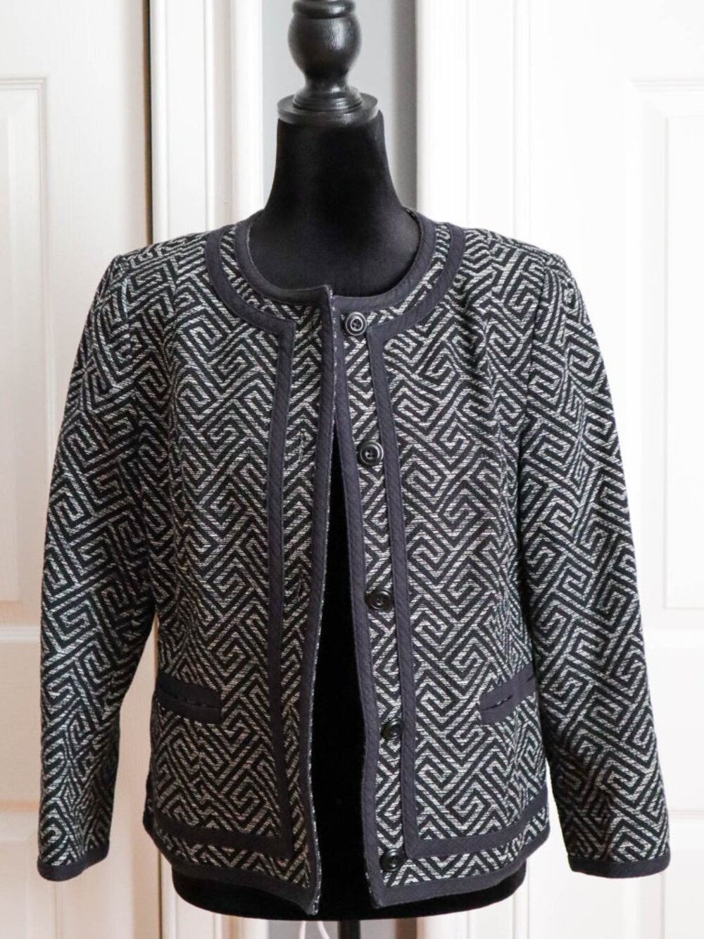 Pendleton Amanda Geometric Jacuqard Jacket Blazer 100% Cotton Sz 10 Black White